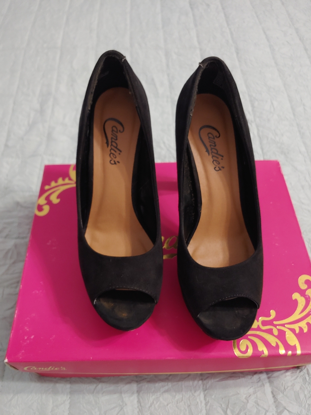 Candie's Black Suede Peep-Toe High Heels
